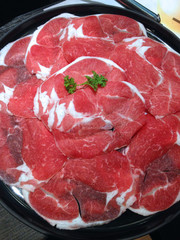 closed up sliced beef , shabu set