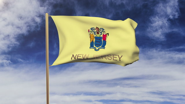 new jersey flag with title waving in the wind. Looping sun rises
