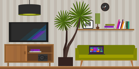 living room interior, furniture in flat vector illustration
