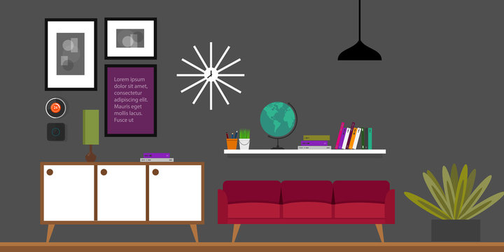 living room interior, furniture in flat vector illustration