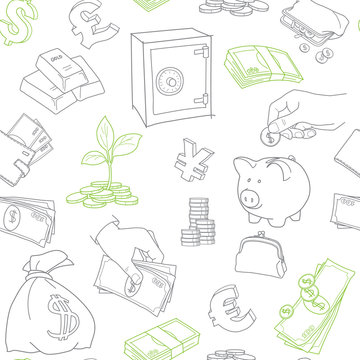 Money symbols doodle sketch vector seamless pattern