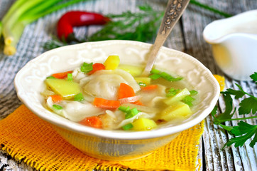 Vegetable soup with pelmeni.