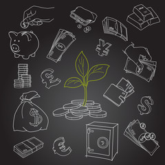 Money tree sprout and financial symbols vector sketch