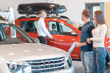 Customers communicate with sales consultant about the car
