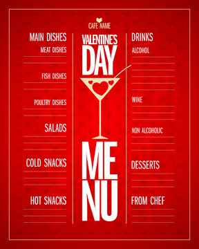 Valentines Day Menu List Design With Dishes And Drinks.