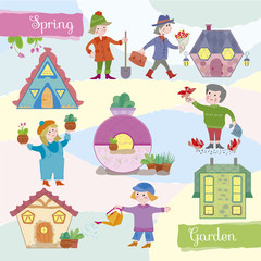 Spring in cheerful fantastic small town.Vector illustration