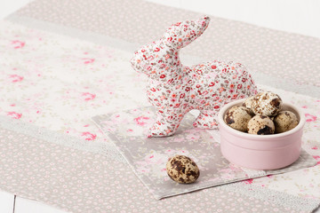 Handmade Easter Bunny Soft Toy And Napkin. Quail Eggs