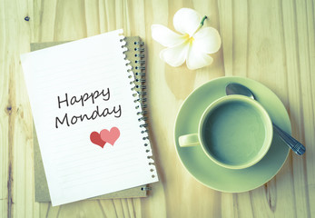 Happy Monday on paper and green tea cup  with vintage filter