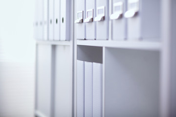 File folders, standing on  shelves in the background