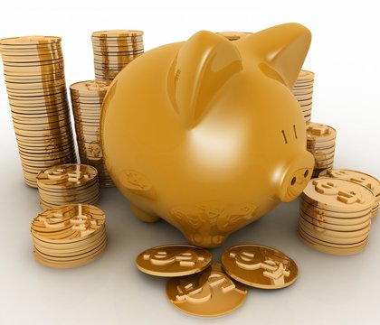 Gold Piggy Bank And Money Tower