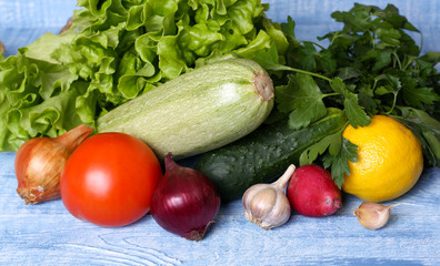 vegetables on а blue wooden table
