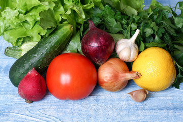 vegetables on а blue wooden table