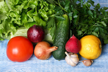 vegetables on а blue wooden table