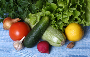 vegetables on а blue wooden table