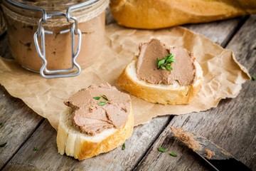 homemade chicken liver pate with fresh baguette