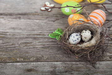 Easter still life with eggs in the nest