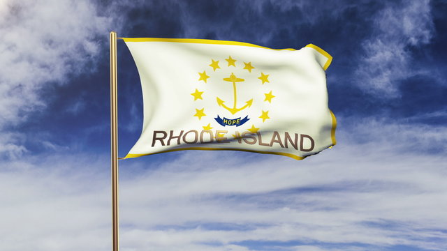 rhode island flag with title waving in the wind. Looping sun