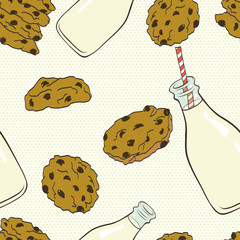 Milk and chocolate chip cookies seamless pattern.