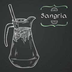Sketched jug with sangria on chalkboard background - obrazy, fototapety, plakaty