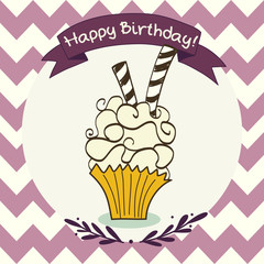 Birthday card template with cartoon cupcake on chevron