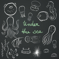 Sea dwellers set. Line drawing