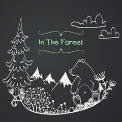 Cartoon bear drawn on chalkboard background