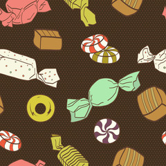 Hand drawn seamless pattern with different types of candies