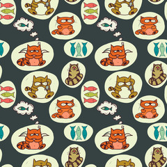 Doodle cats hand drawn seamless pattern.