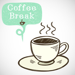 Sketched doodle coffee cup and speech bubbles