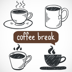Coffee break doodle icons. Coffee cup and tea mug