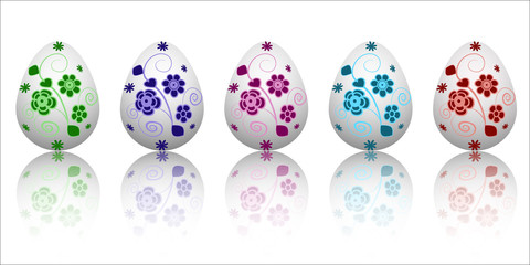 Easter eggs with floral ornament and reflection