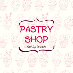 Hand drawn doodle cupcakes seamless pattern.