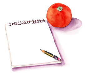 Watercolour notepad with pencil and tomato on white background