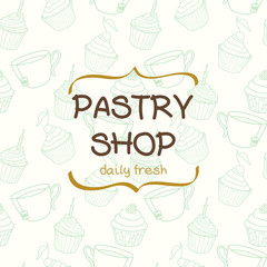 Cartoon tea cups and cupcakes seamless pattern.