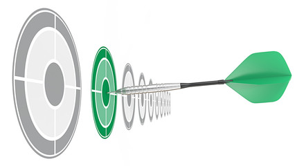 Green Dart.Horizontal row of targets.Green dart hitting target