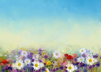 Fototapeta na wymiar Oil painting flowers field,soft color for background