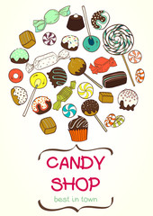 Set of hand drawn cartoon sweets and candies