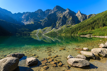 Green water mountain lake Morskie Oko, Tatra Mountains, Poland