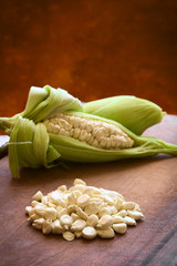 Kernels of white corn called Choclo, Peruvian corn or Cuzco corn © Ildi