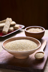 Raw white quinoa (lat. Chenopodium quinoa) grain seeds