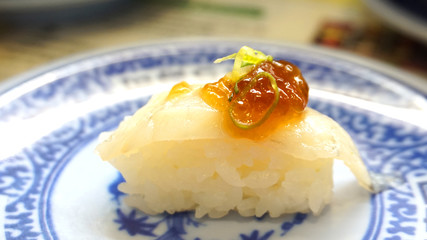 sushi nigiri white fish with salmon roe