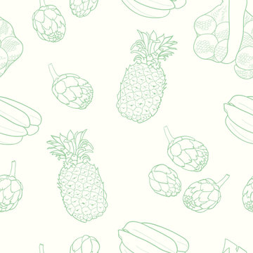 Fruits pattern. Sketched pineapple, artichoke and banana