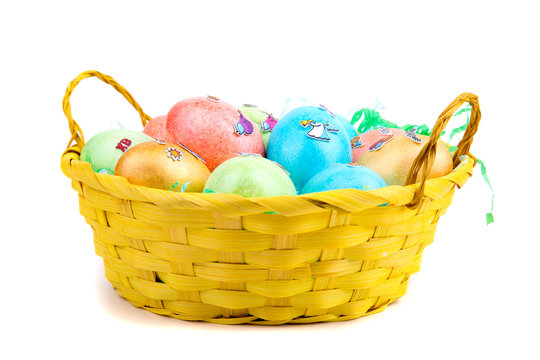 multicolored Easter eggs in a basket