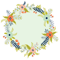 Beautiful greeting wreath with spring flowers.