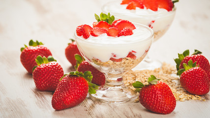Juicy and healthy strawberries with breakfast cereals for breakf