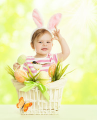 Obraz na płótnie Canvas Child Girl in Bunny Ears, Basket Eggs, Little Kid Rabbit Ear