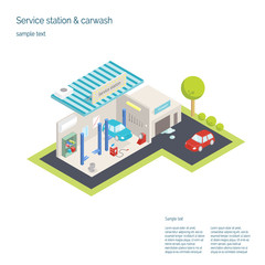 Service station and car washing. 3D isometric illustration