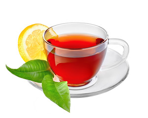 Cup of tea with leaves with lemon. On isolated background.