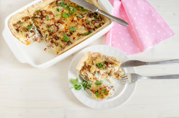 Homemade mushroom pie in white baking dish. Overhead view