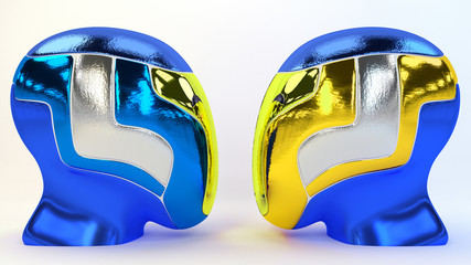two Scifi Helmet blue and golden glossy